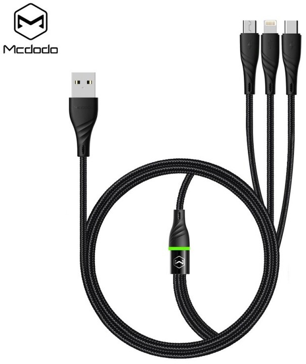 Mcdodo Peacock 3v1 Lightning + Micro USB + Type-C kabel s LED 1.2m, černá_851882247