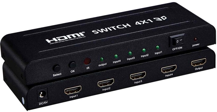 PremiumCord HDMI switch 4:1 kovový s dálkovým ovladačem a napájecím adaptérem_861144394