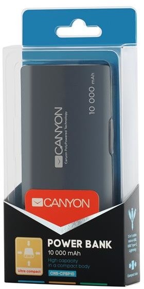 Canyon powerbanka 10000 mAh, Smart IC, 3in1 USB kabel 0.3m, černá_129412285