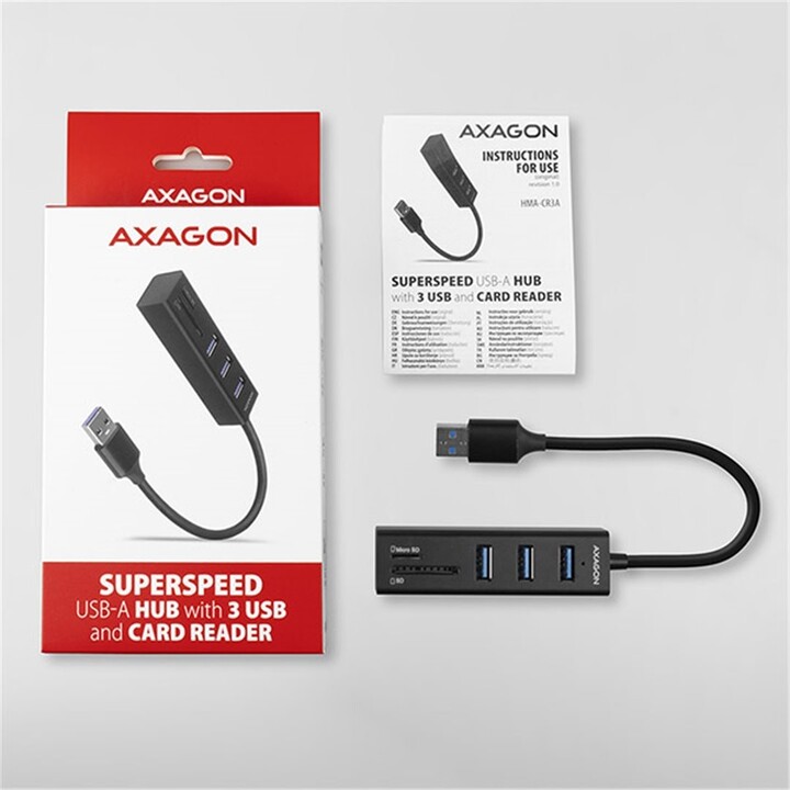 AXAGON HMA-CR3A, USB 3.2 Gen 1 hub, porty 3x USB-A + čtečka karet SD/microSD, kovový, kabel USB-A 20_2114877534