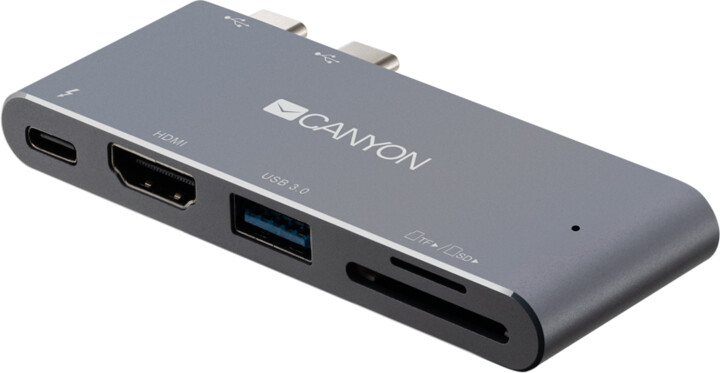 Canyon dokovací stanice, 2x USB-C - USB 3.0, Thunderbolt 3, 4K HDMI, čtečka SD karet, PD, šedá_48186863