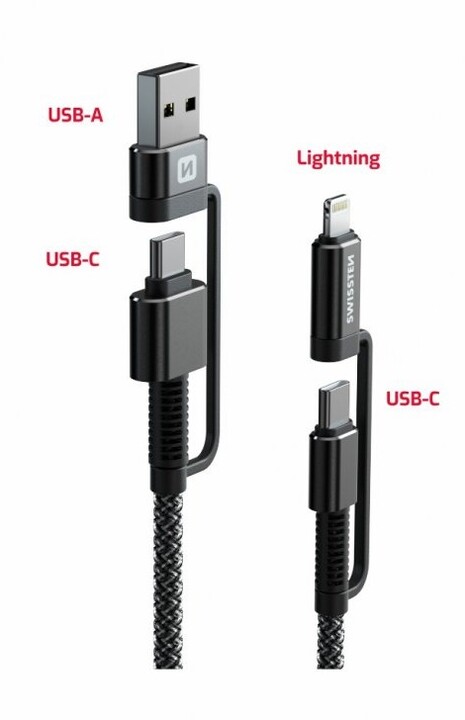SWISSTEN odolný datový kabel 4v1 USB-A / USB-C - USB-C / Lightning, 60W, kevlarový, 1.5m, černá_1075949660