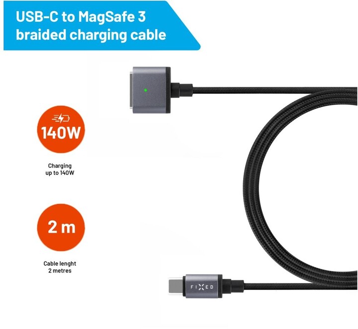 FIXED nabíjecí kabel USB-C - MagSafe 3, opletený, 2m, 140W, šedá_315988580