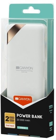 Canyon powerbanka 20000 mAh Li-poly, Smart IC, displej s indikací nabití, bílá_584435556