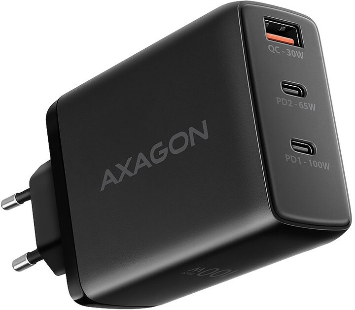 AXAGON síťová GaN nabíječka ACU-DPQ100, 2x USB-C, USB-A, PD3.0/QC4+/PPS/Apple, 100W, černá_376119254