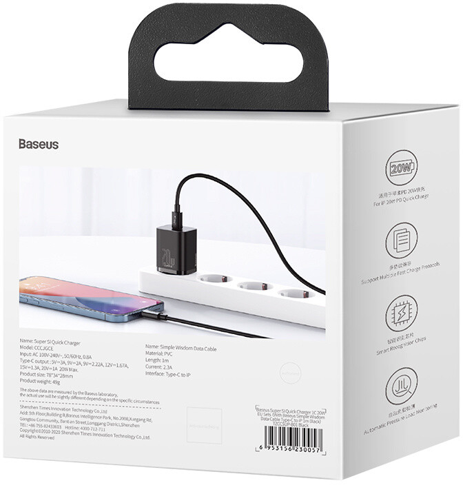 Baseus síťová nabíječka Super Si, USB-C, PD, 20W, černá + kabel USB-C - Lightning, M/M, 1m_1273414279
