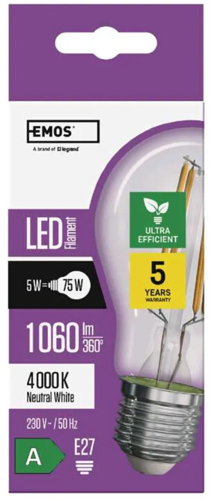 Emos LED žárovka Filament 5W (75W), 1060lm, E27, neutrální bílá_51648290
