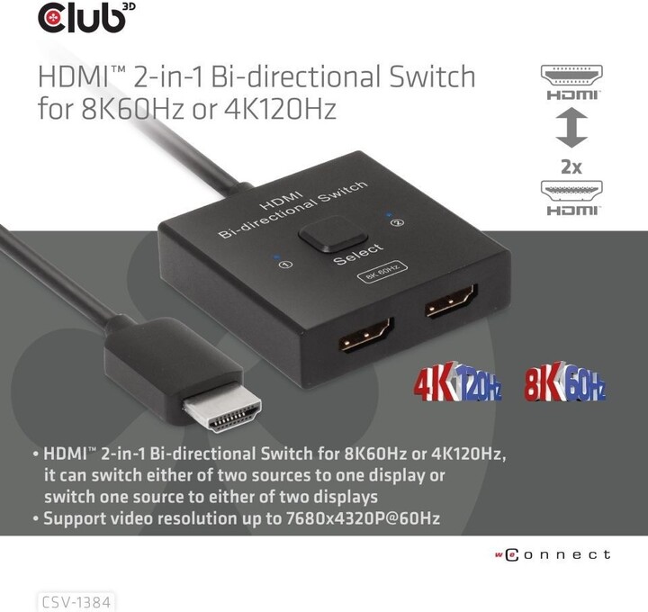 Club3D obousměrný switch / přepínač HDMI 2-1, 8K@60Hz, 4K@120Hz_1654606100