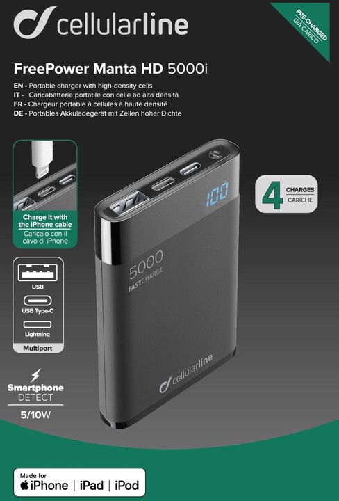 CellularLine FreePower Manta HD powerbanka 5000mAh, Lightning + USB-C, MFI, černá_632256649