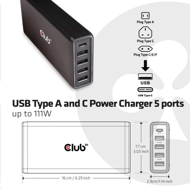 Club3D nabíječka, USB-C PD, 4xUSB-A, 111W, černá_1560709203