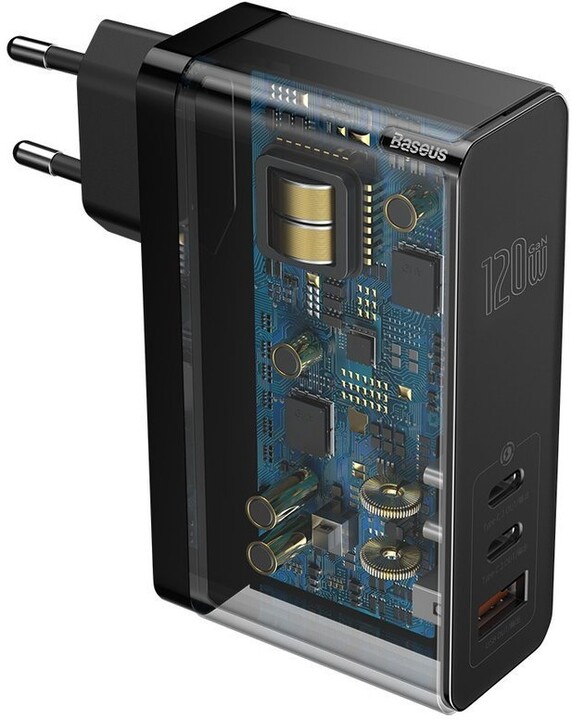 Baseus síťová nabíječka GaN2, 2xUSB-C, USB-A, 120W, černá + USB-C kabel , 100W_150370185