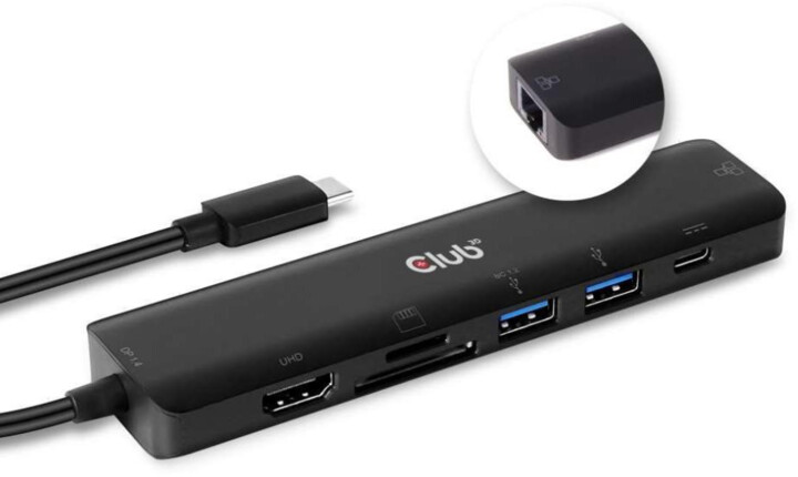 Club3D hub USB-C 3.2 Gen1 7in1, HDMI, USB-C PD, 2xUSB-A, SD, RJ45, 4K60Hz, 14cm, černá_1466446030