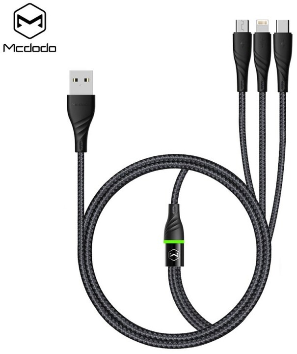 Mcdodo Peacock 3v1 Lightning + Micro USB + Type-C kabel s LED 1.2m, šedá