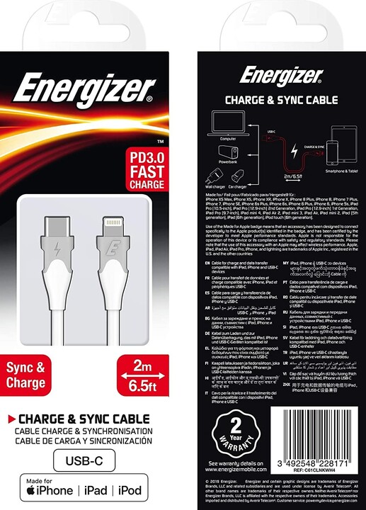 Energizer datový kabel Lightning, MFI, 4A, silikonový, 2m, bílá_1375638944