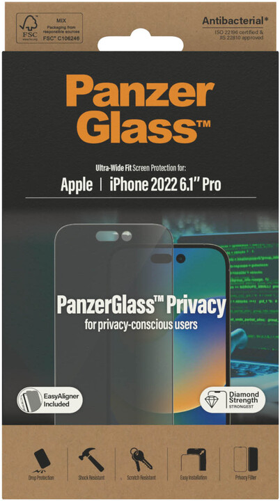 PanzerGlass ochranné sklo Privacy pro Apple iPhone 14 Pro s instalačním rámečkem_959999949