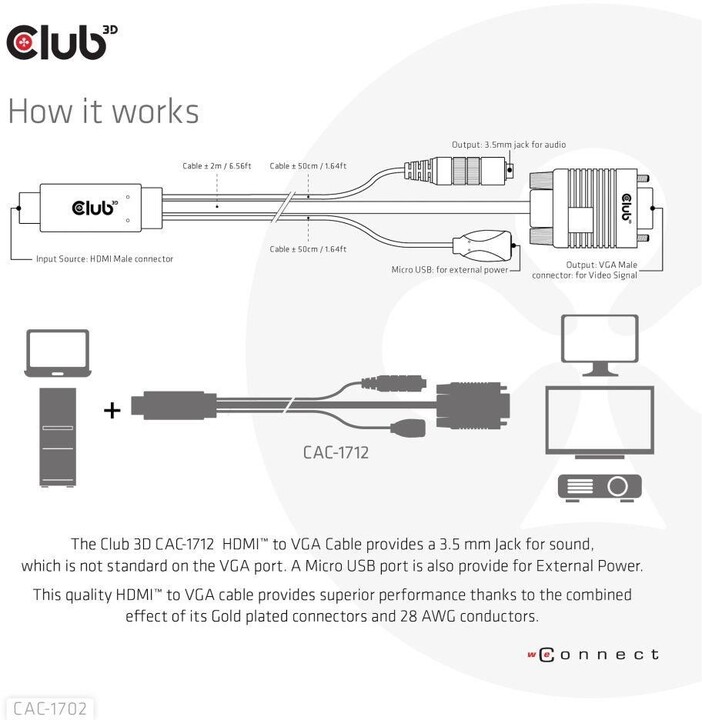 Club3D kabel HDMI na VGA, M/M, 28AWG, 2m_339884578