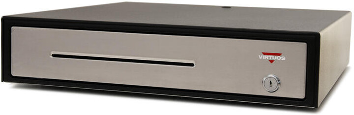 Virtuos pokladní zásuvka C430C, s kabelem, kovové držáky, nerez panel, 9-24V, černá