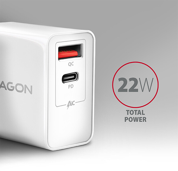 AXAGON síťová nabíječka PD &amp; QUICK, USB-A, USB-C PD, 22W, bílá_631178354
