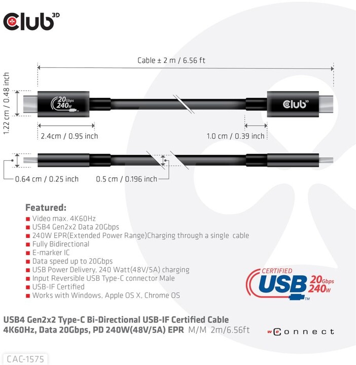 Club3D kabel USB-C, Data 20Gbps, PD 240W(48V/5A) EPR, M/M, 2m_75027367