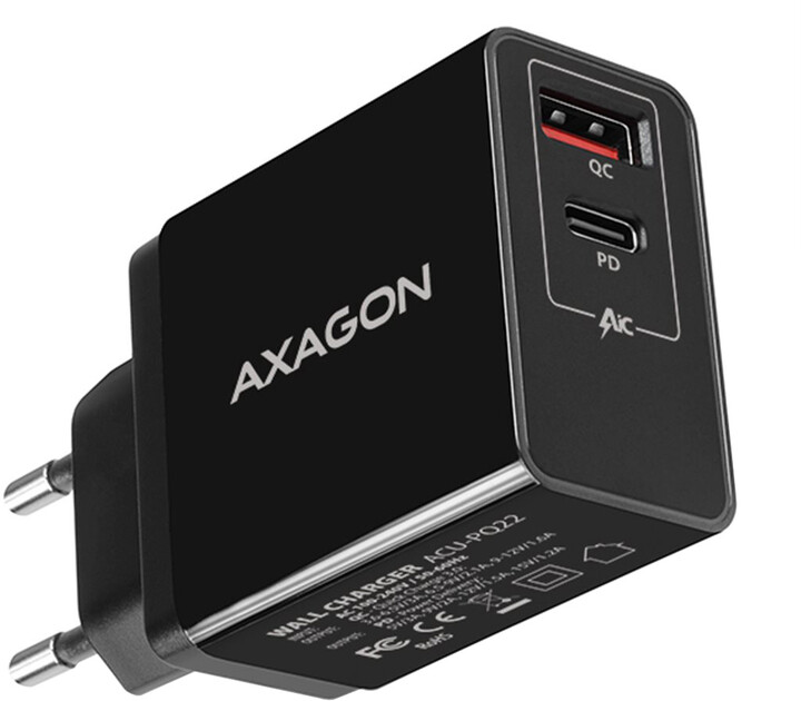 AXAGON síťová nabíječka PD &amp; QUICK, USB-A, USB-C PD, 22W, černá_179624044
