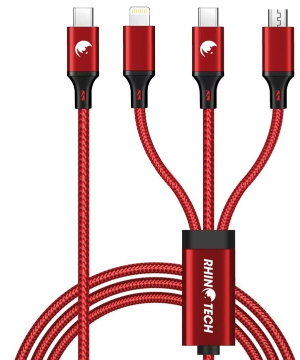 RhinoTech nabíjecí a datový kabel 3v1 USB-C - MicroUSB/Lightning/USB-C, 40W, 1.2m, červená_818833358