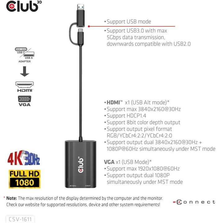 Club3D adaptér USB Gen1 Type-C/-A to Dual HDMI (4K/30Hz) / VGA (1080/60Hz)_28806593