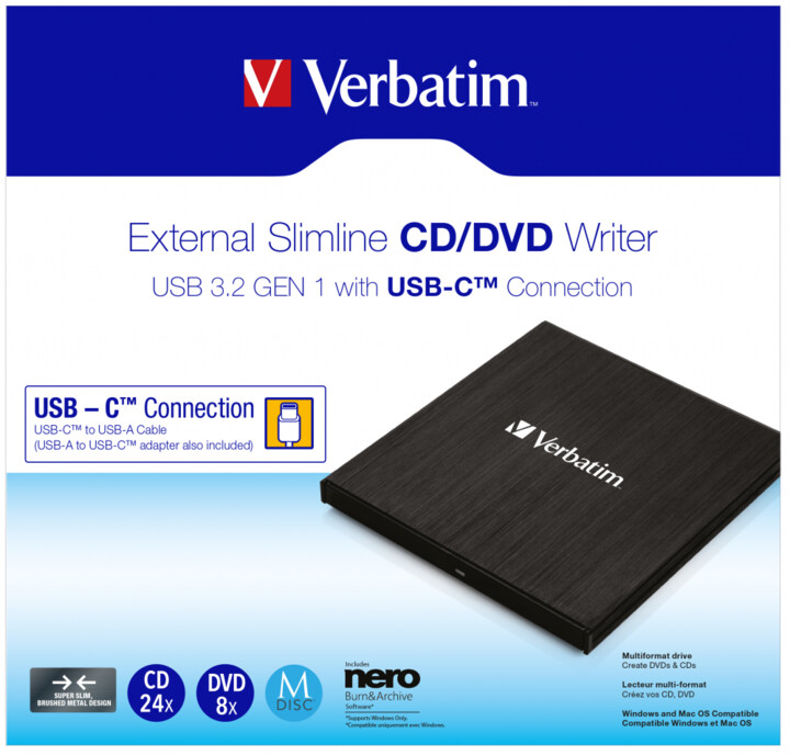 Verbatim Slimline externí vypalovačka USB-C černá + Nero