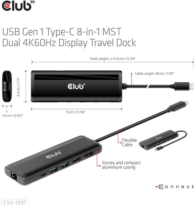 Club3D dokovací stanice USB-C, 8-in-1 MST Dual 4K60Hz, Display Travel Dock_166449401
