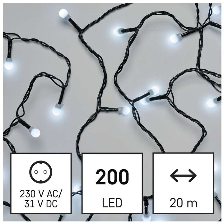 Emos LED vánoční cherry řetěz – kuličky, 20 m, venkovní i vnitřní, studená bílá, časovač_89848485
