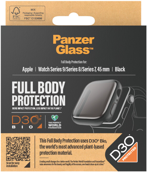 PanzerGlass ochranný kryt s D30 pro Apple Watch Series 9/8/7 45mm, černá_1397753077