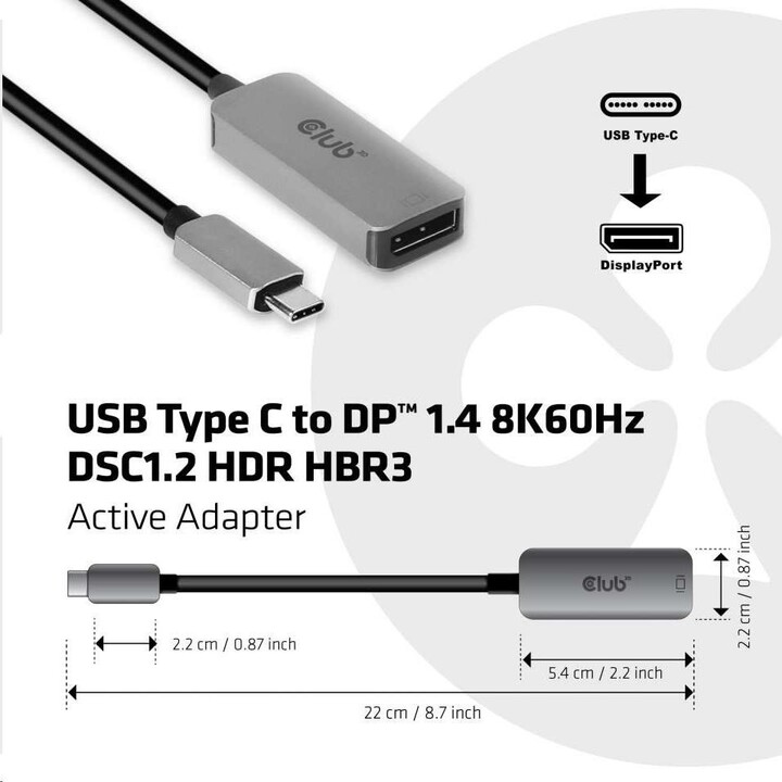 Club3D adaptér USB-C - DisplayPort 1.4, M/F, 8K@60Hz, 22cm, stříbrná_1972261554