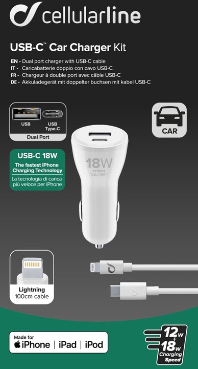 CellularLine autonabíječka s USB-C a Lightning, Power Delivery, 30 W, MFI certifikace, bílá_2051528111