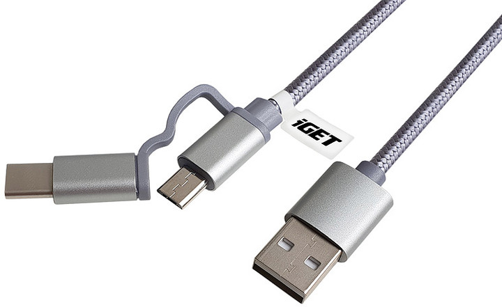 iGET G2V1 USB kabel 2v1, 1m, stříbrný, microUSB i USB-C, prodloužené koncovky_79888773